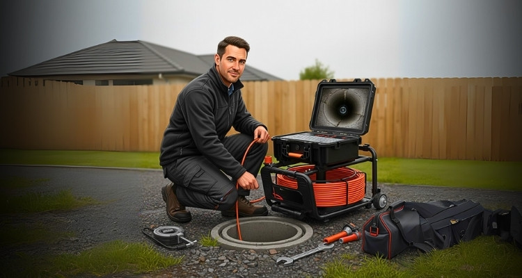 Plumber inspecting a medium-sized stormwater pipe using a 21mm drain camera