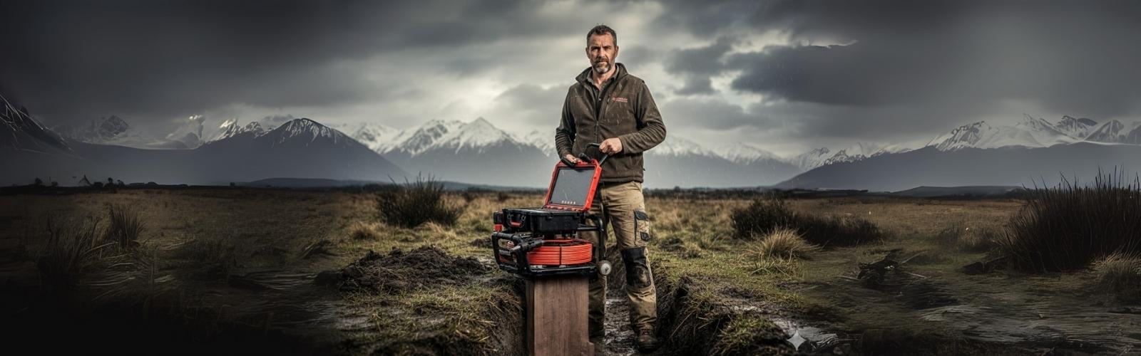 A New Zealand plumber is on-site, holding a red-and-black Razorback drain camera system.