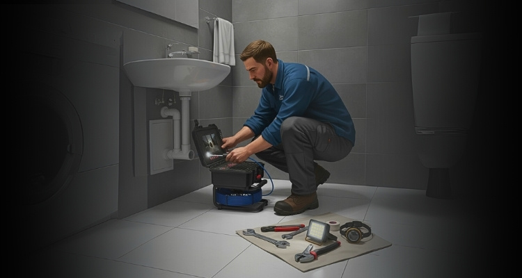 Plumber using a compact drain camera inside a tight bathroom space