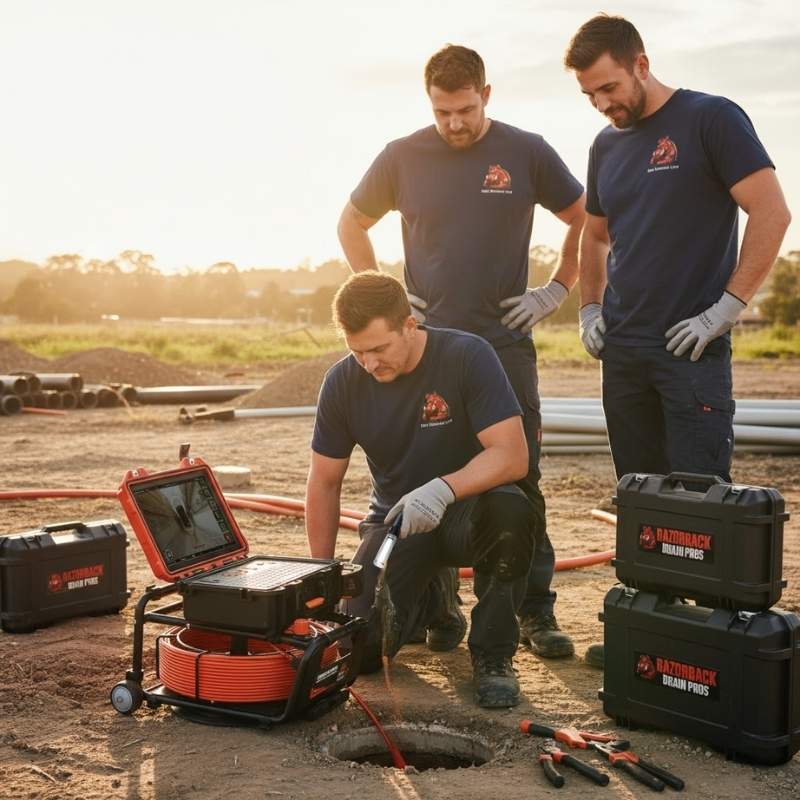 An Australian plumber demonstrates the Razorback Drain Camera at a sunny worksite, while two fellow plumbers observe, highlighting the camera’s reliability and innovation.