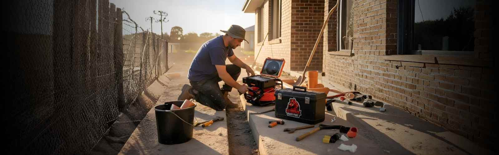 Australian plumber using a Razorback Drain Camera on-site for pipe inspection.
