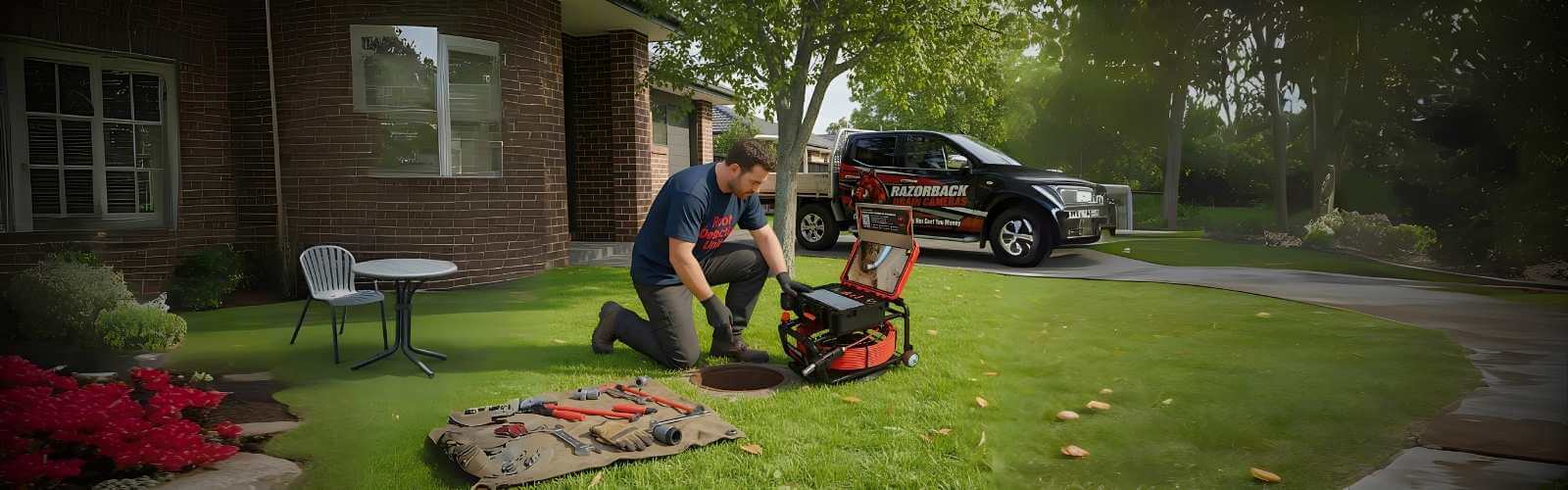 Plumber-using-a-Razorback-drain-camera-beside-a-house-with-a-service-van-in-the-background
