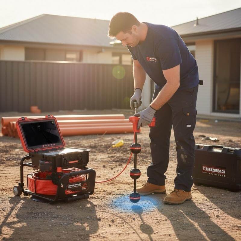 An Australian plumber is using a Razorback Sonde Drain Camera along with a locator device at a sunny outdoor site to identify an underground blockage.