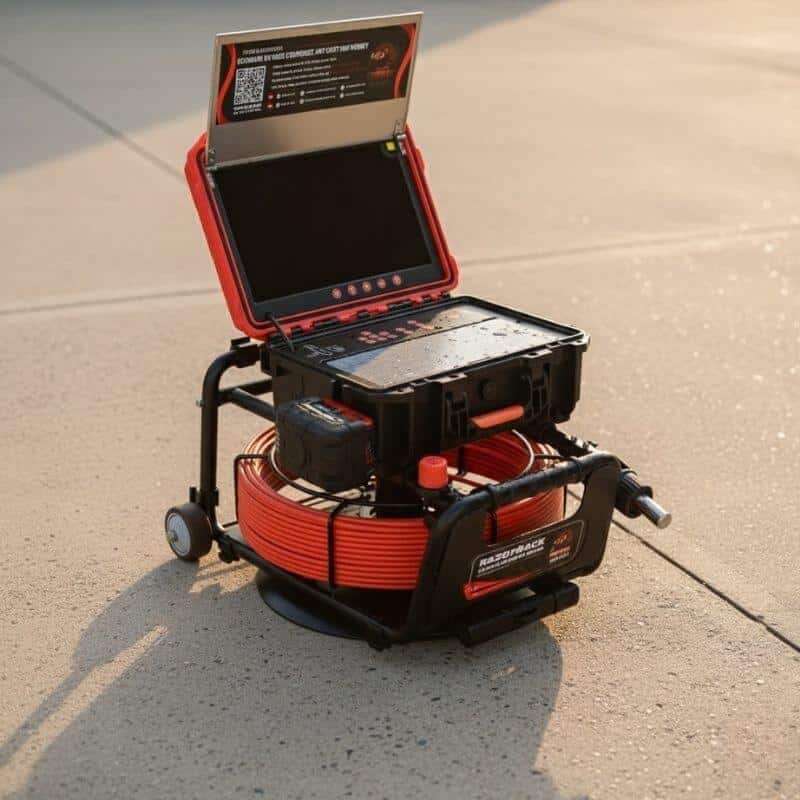 A close-up promotional shot of razorback drain camera